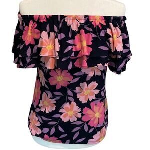 Charter Club Top Sz XS Double Ruffle Off Shoulder Short Sleeve Stretchy Floral